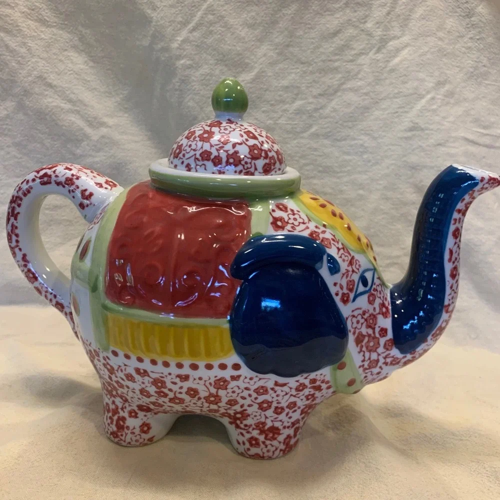 Ceramic‎ Elephant Teapot Multicolor Floral Boho Hand Painted Decorative Decor